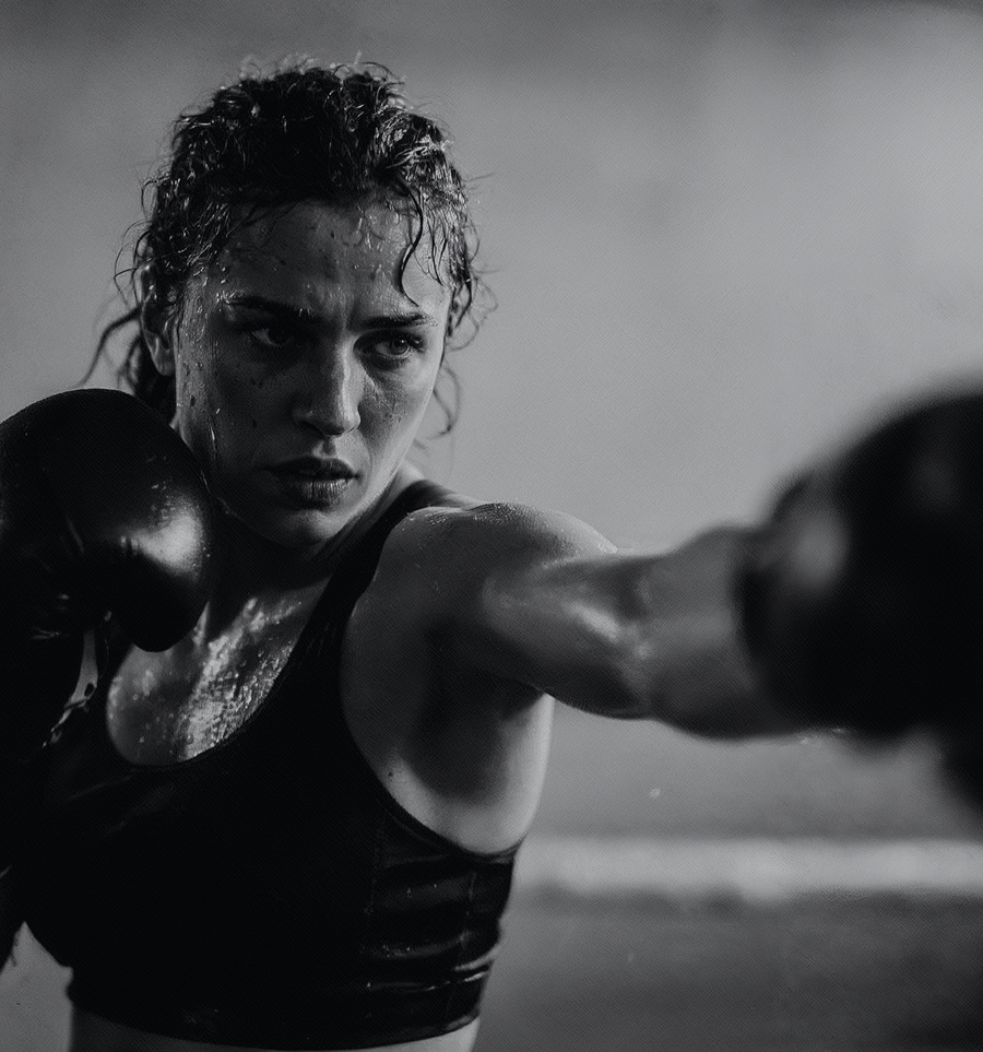 woman in a boxing stance with one arm extended forward.