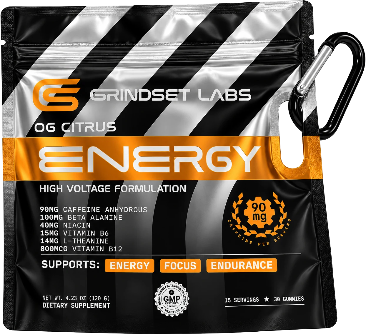 Grindset Energy OG Citrus pouch with the black Grindset carabiner clipped through its hang slot